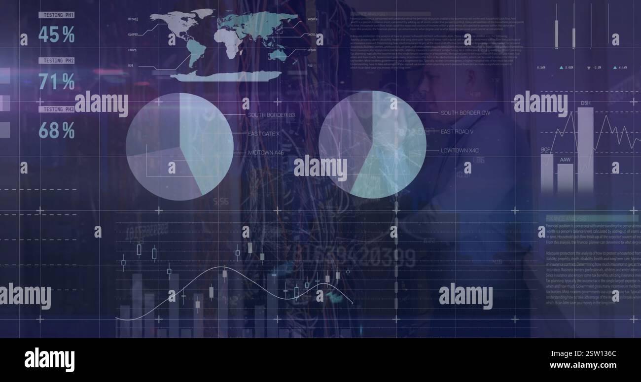 Image of data processing over caucasian male it engineer by computer servers Stock Photo