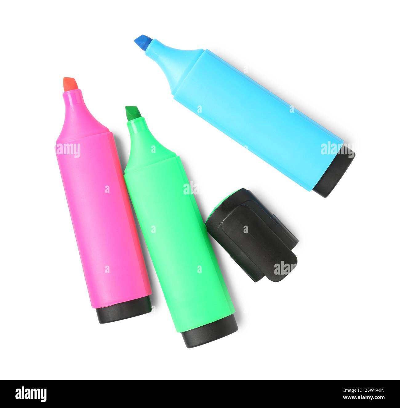 Bright highlighters isolated on white, top view Stock Photo