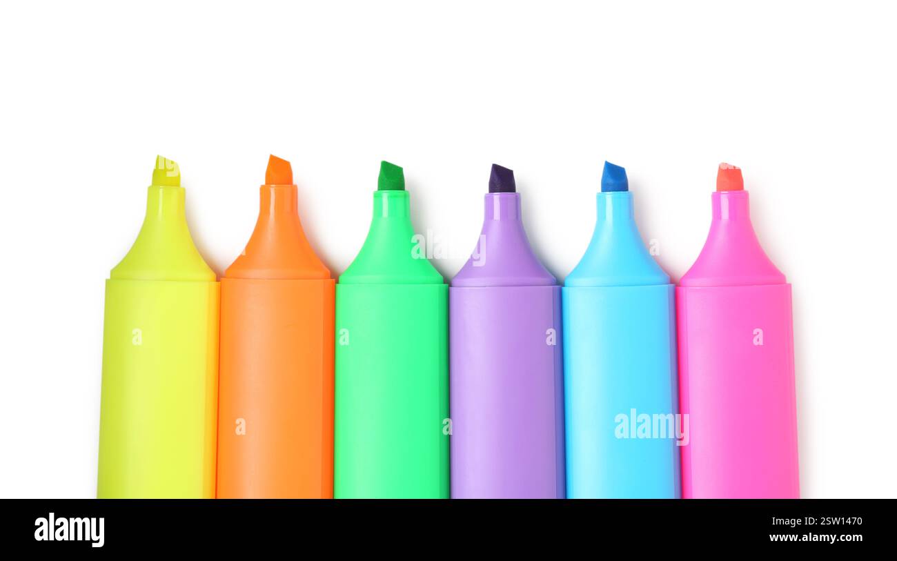 Bright highlighters isolated on white, top view Stock Photo