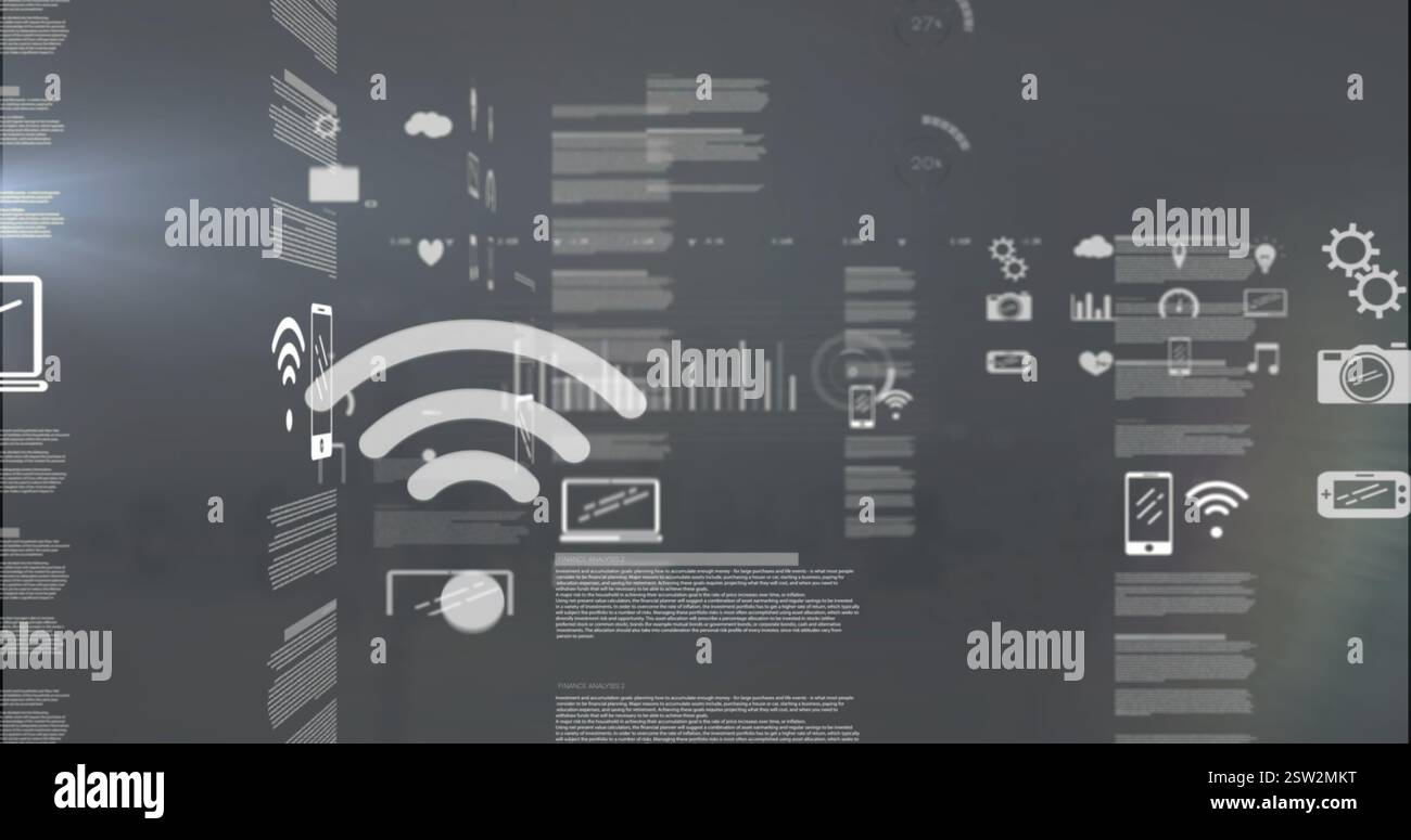 Image of statistics and data processing over dark background Stock Photo