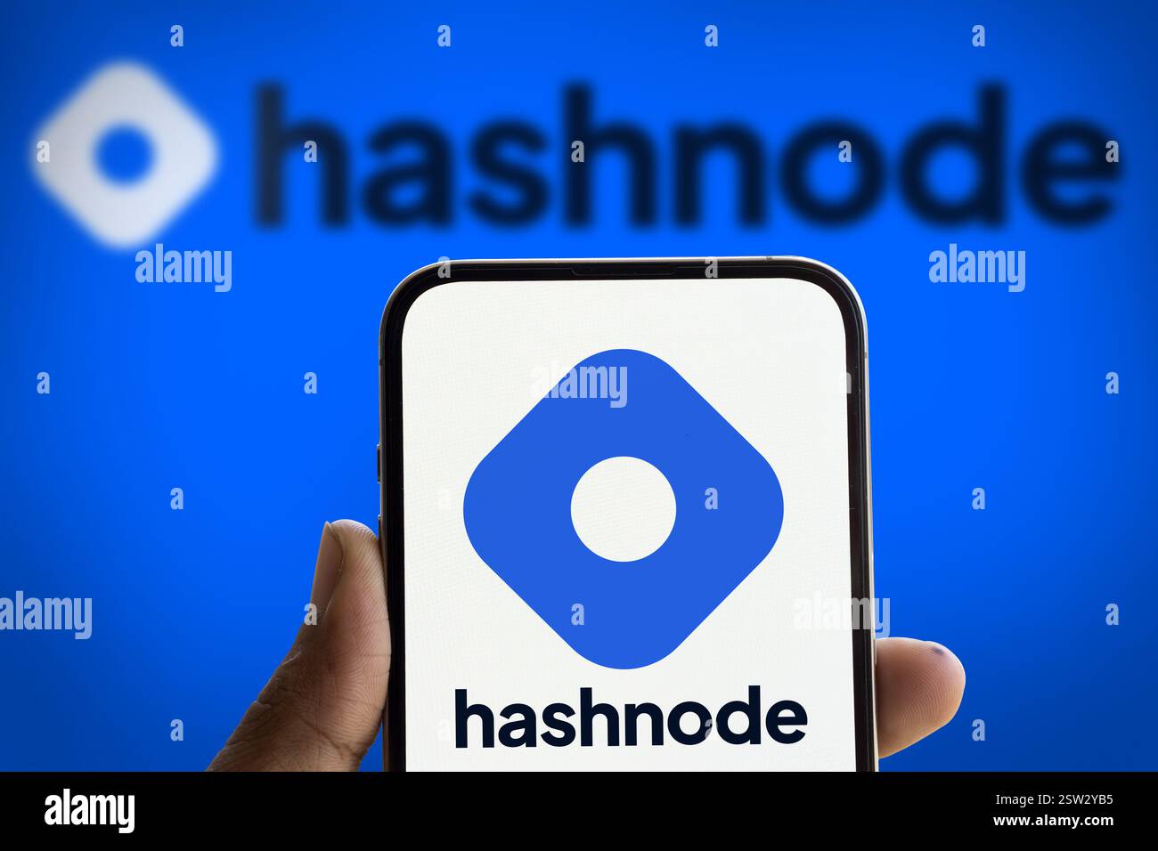 Dhaka, Bangladesh- 24 Aug 2024: Hashnode logo is displayed on smartphone. Hashnode is a free platform for developers to blog and Stock Photo