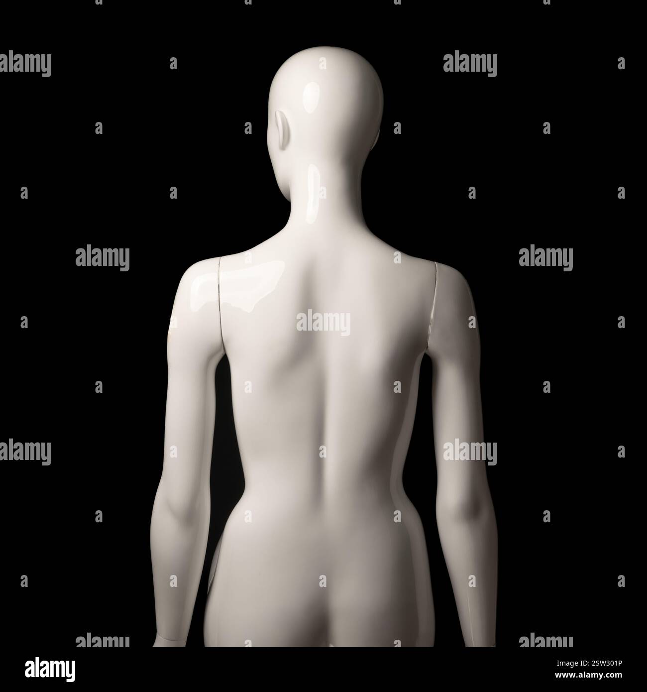Half-length shot of a white fibreglass mannequin facing away from the camera, seen against a black background. Stock Photo