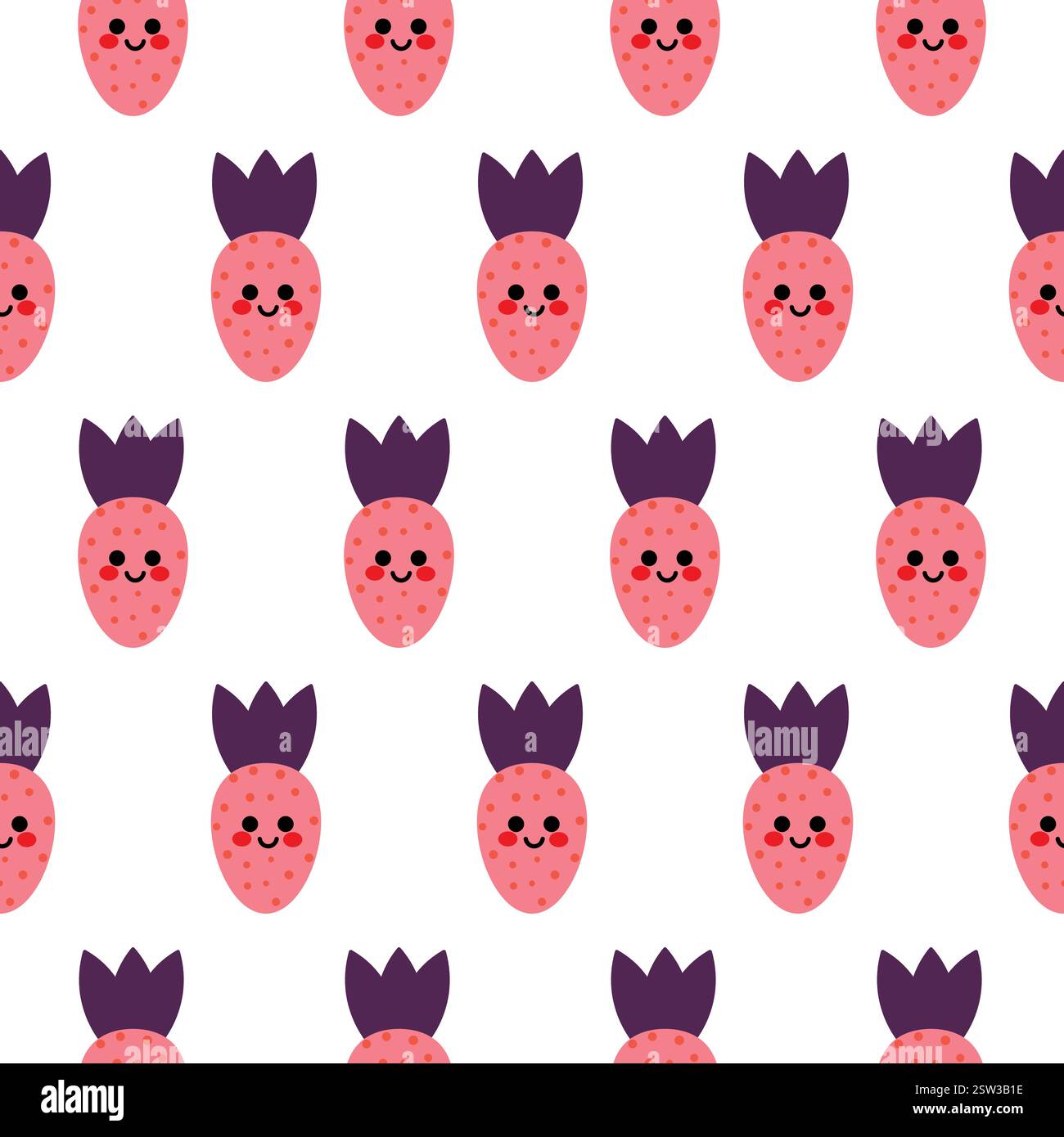 Cute Pink Strawberry Pattern Featuring Happy Faces on a White Background Stock Vector