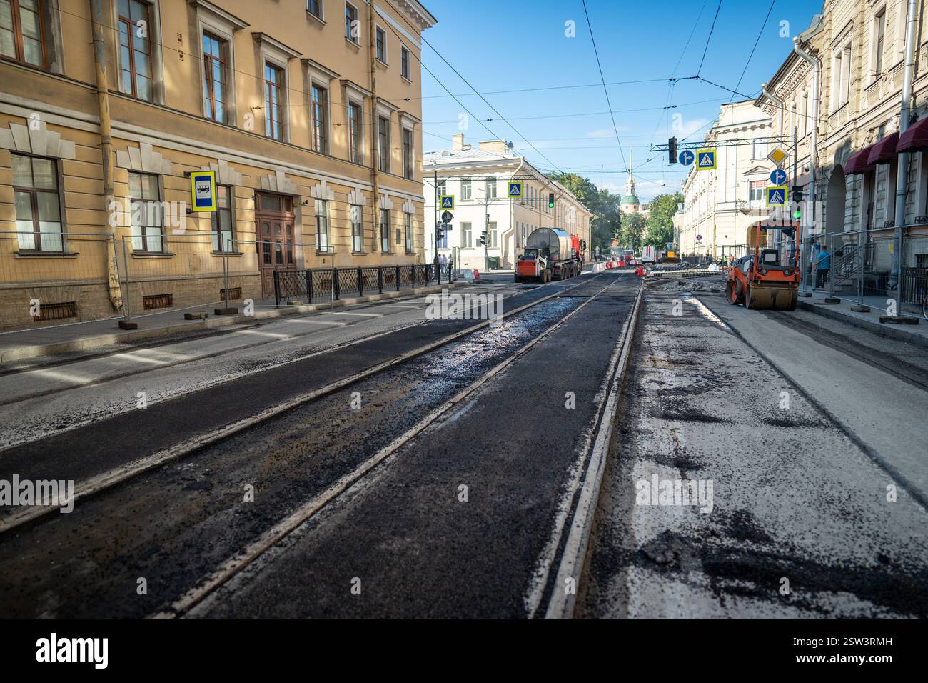 Removing asphalt for major tram track and road repair in city, urban ...