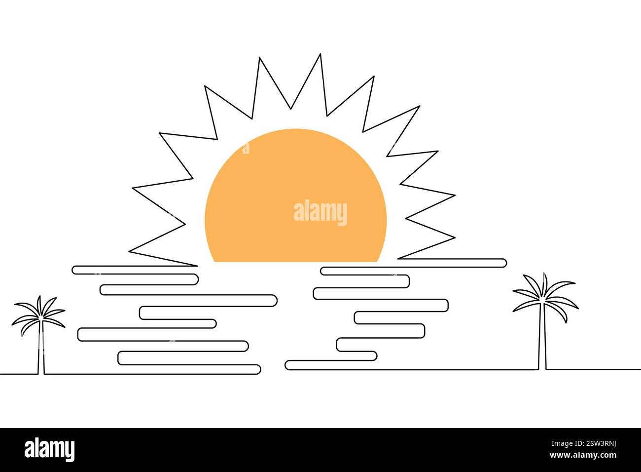Continuous Sunset one line art drawing with outline vector illustration ...