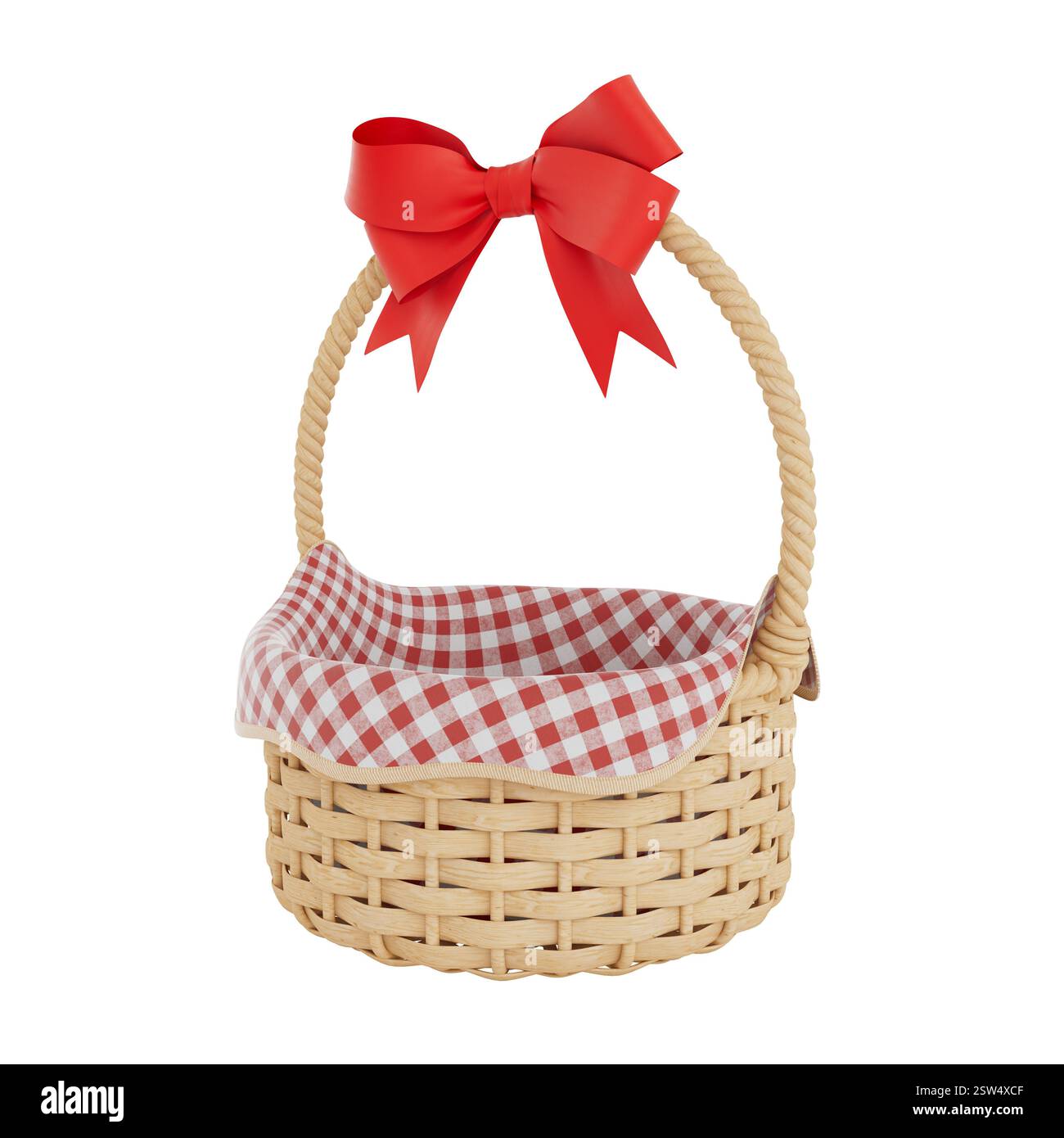 Wooden Wicker Basket with Red Ribbon and Bow on a white background. 3d ...