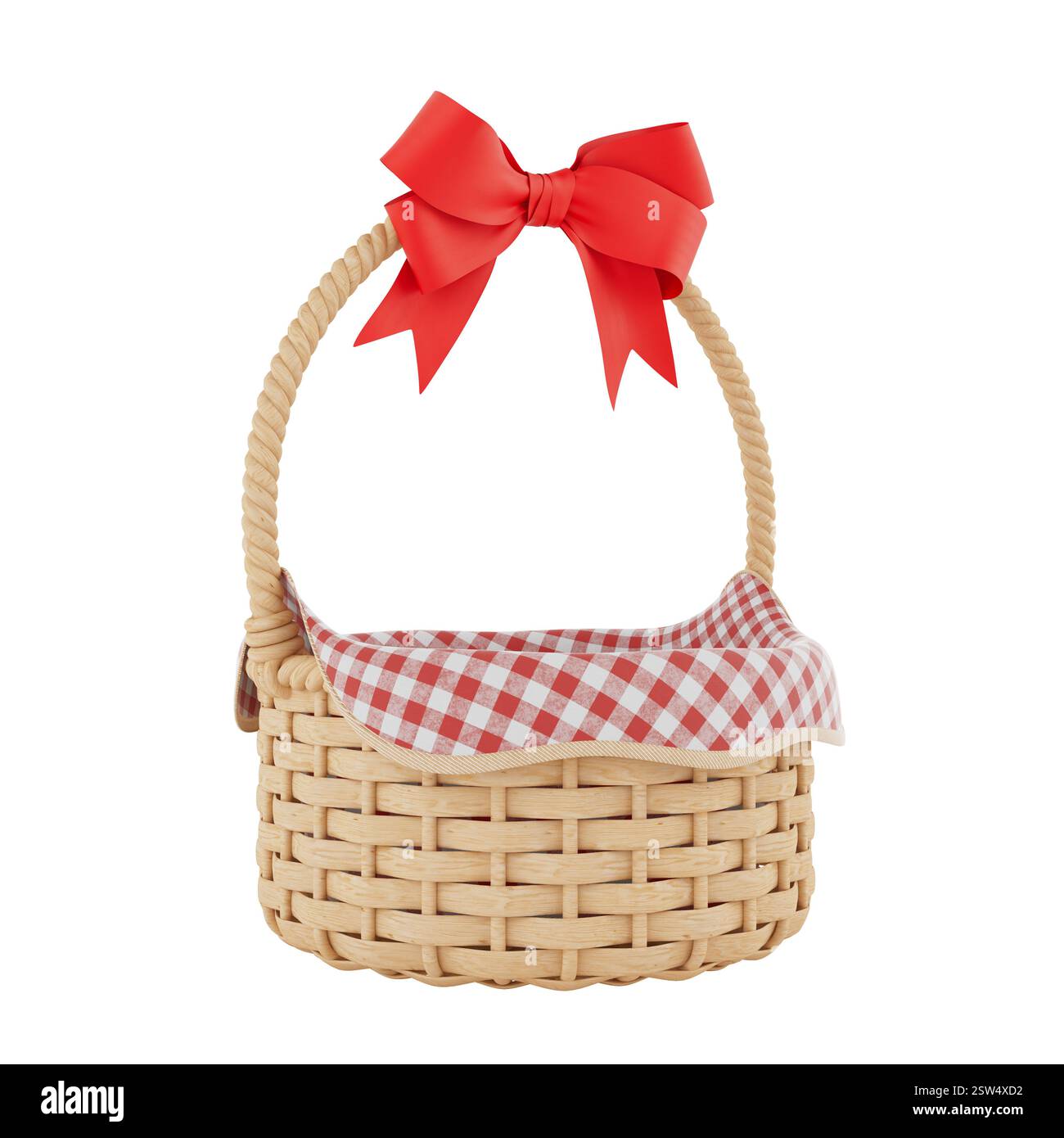 Wooden Wicker Basket with Red Ribbon and Bow on a white background. 3d ...