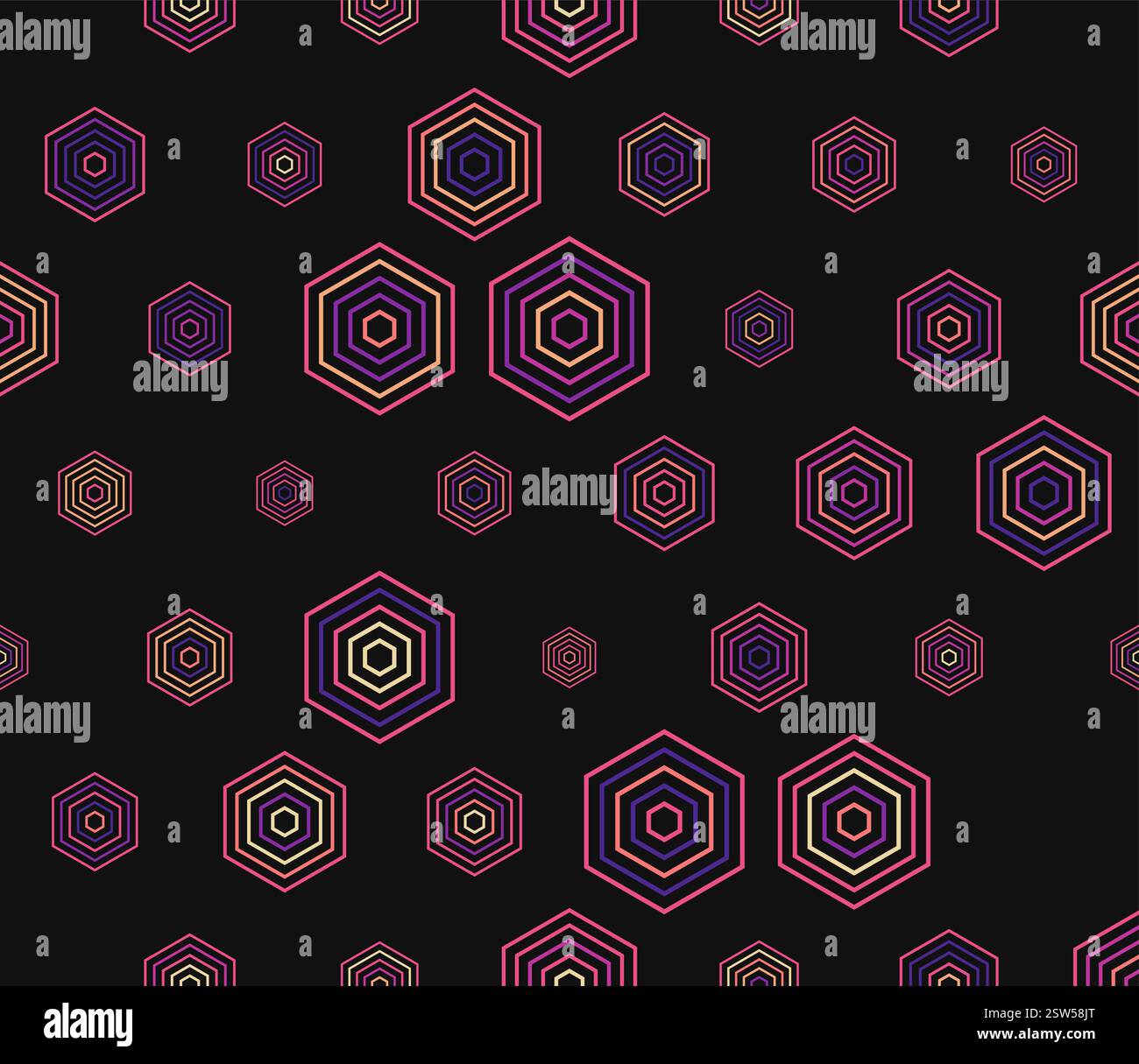 Tileable hexagon pattern. Multicolored geometric elements of varied size. Simple stacked hexagons. Large hexagon shapes. Tileable pattern. Stock Vector