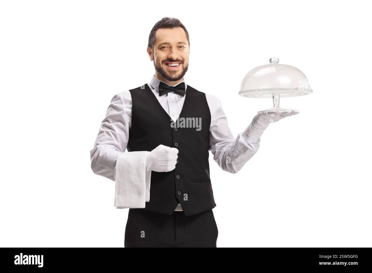 Server holding an empty cake plate isolated on white background Stock Photo