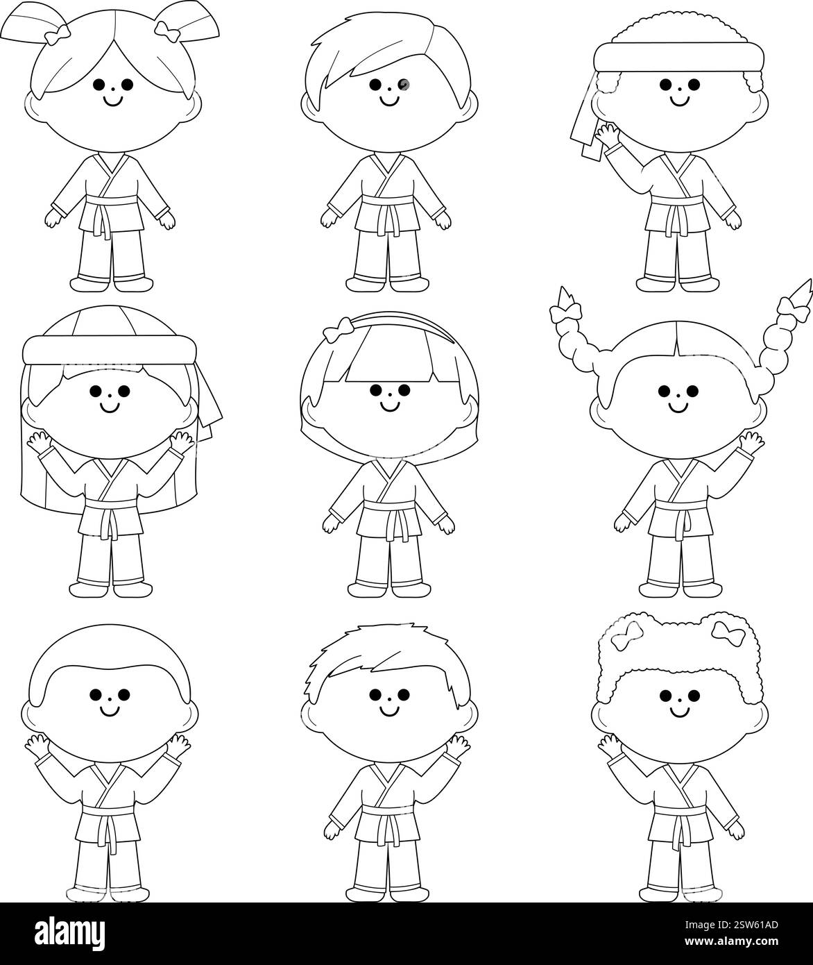 Group of children in martial arts uniforms. Karate kids athletes, boys and girls. Vector black and white coloring page. Stock Vector