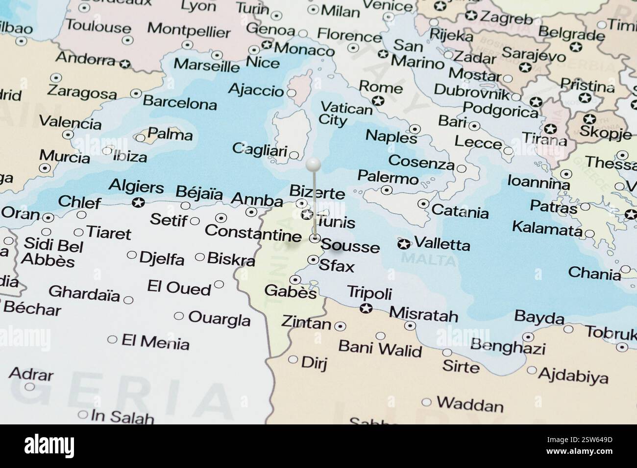 white pin needle into sousse city of tunisia political map Stock Photo ...