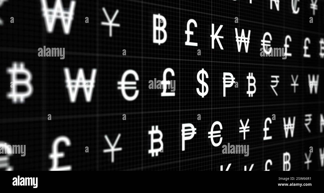 Image of currency symbols on black background Stock Photo - Alamy