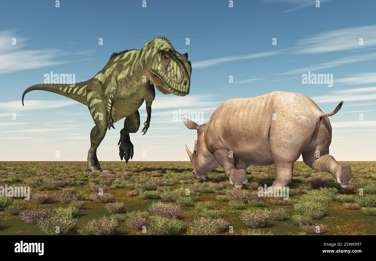 Dinosaur Yangchuanosaurus and Rhinoceros Stock Photo - Alamy