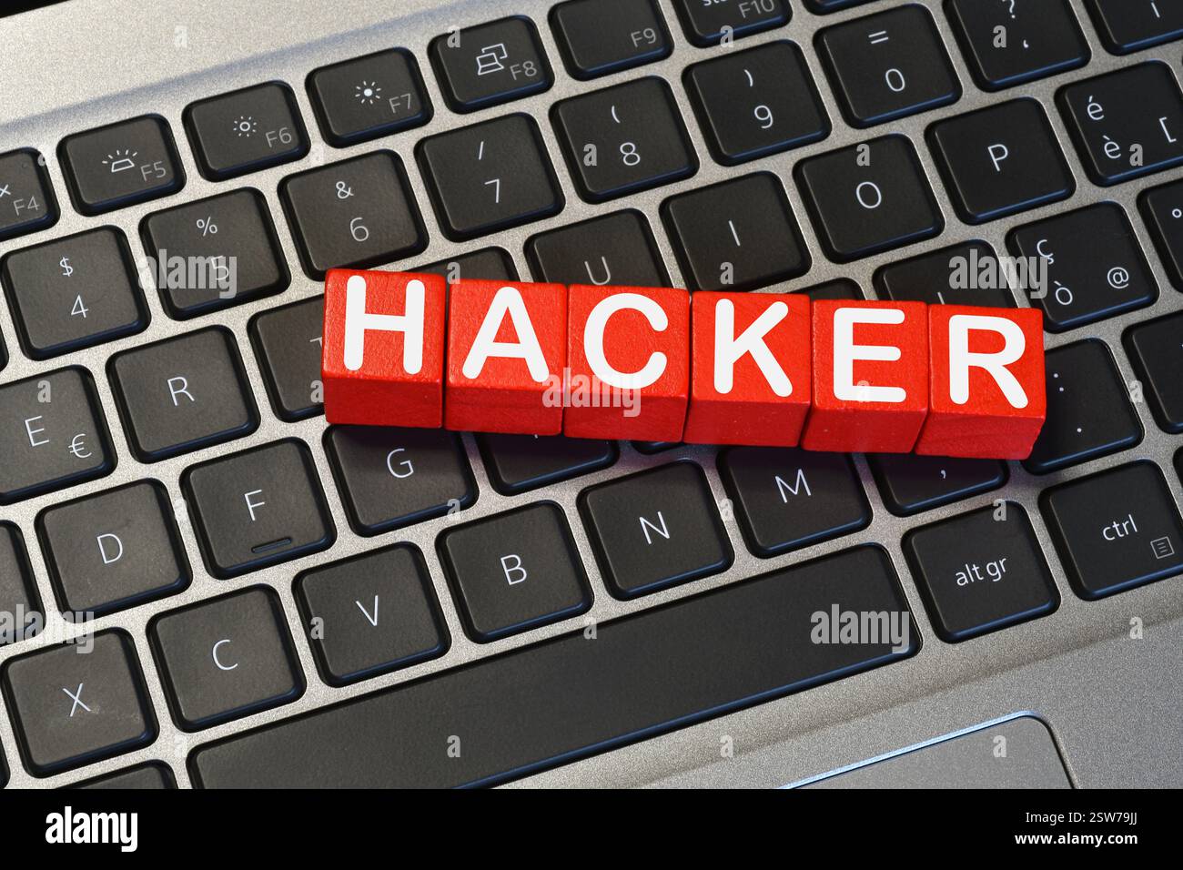 text 'HACKER' on a laptop keyboard. Cyber ​​security concept Stock Photo