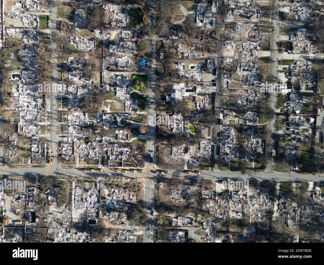 Aerial view looking down on the January 2025 Eaton fire disaster ...