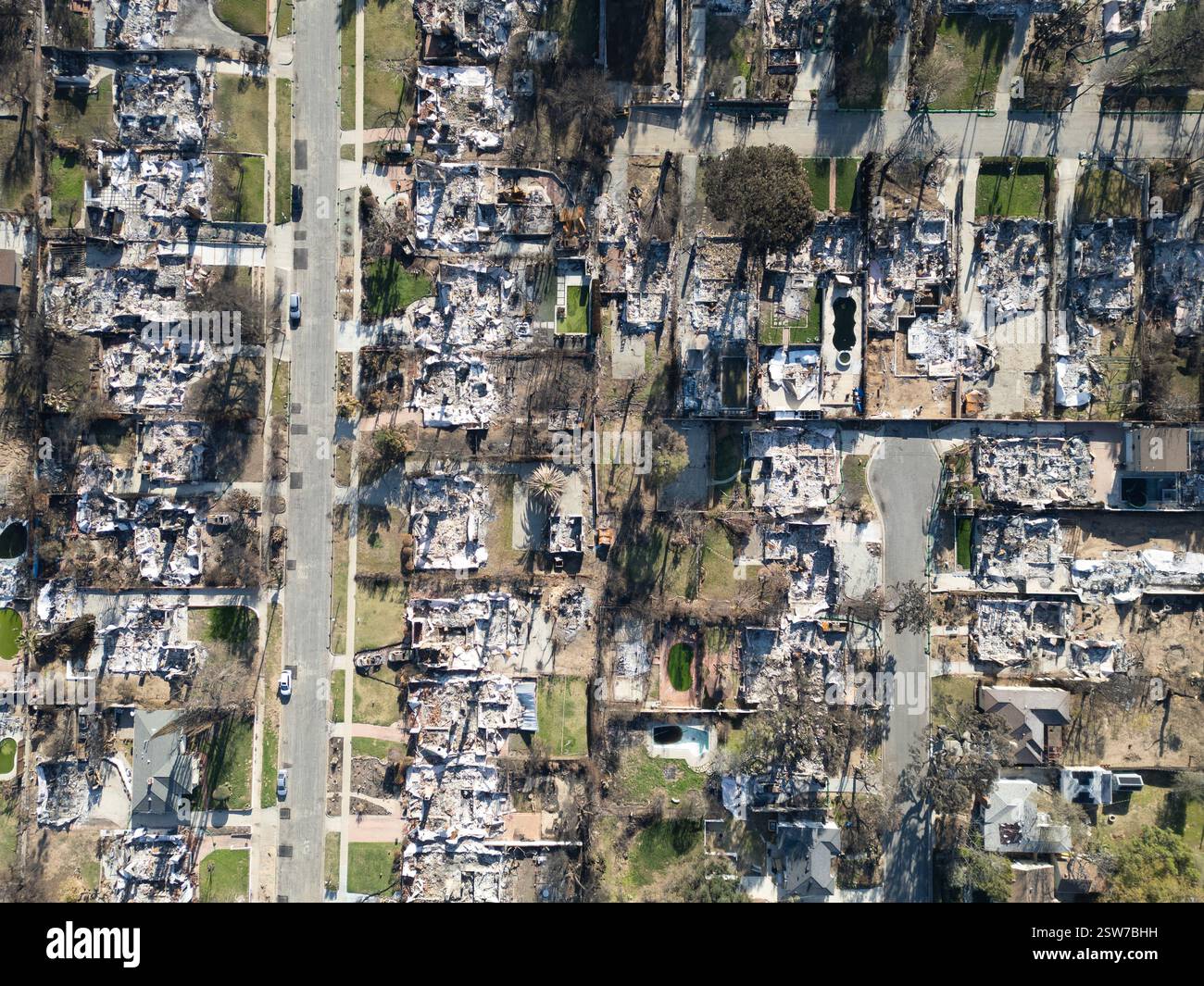 Aerial view looking down on the January 2025 Eaton fire disaster ...