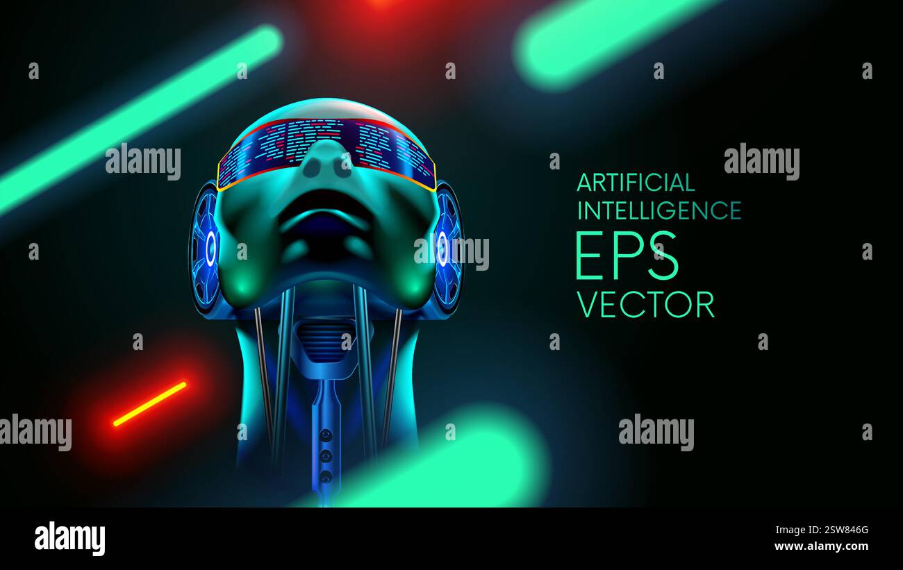 AI. Artificial intelligence robot in human face or head concept. Artificial neural network in cyborg head looking at up. AI mind. Robot face ai in gre Stock Vector