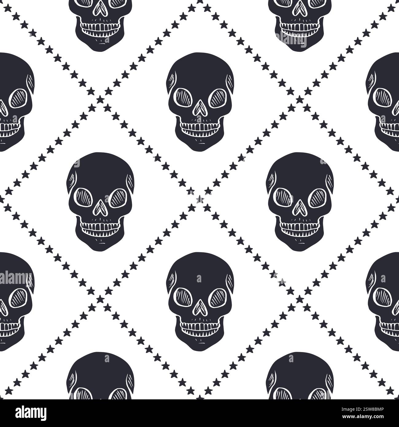 Seamless pattern with hand drawn black and white human skulls inside trellis Stock Vector