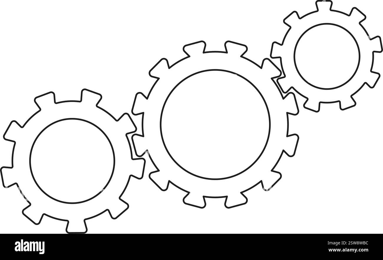 Group of three cogwheels outline icon symbol working together symbolizing teamwork Stock Vector