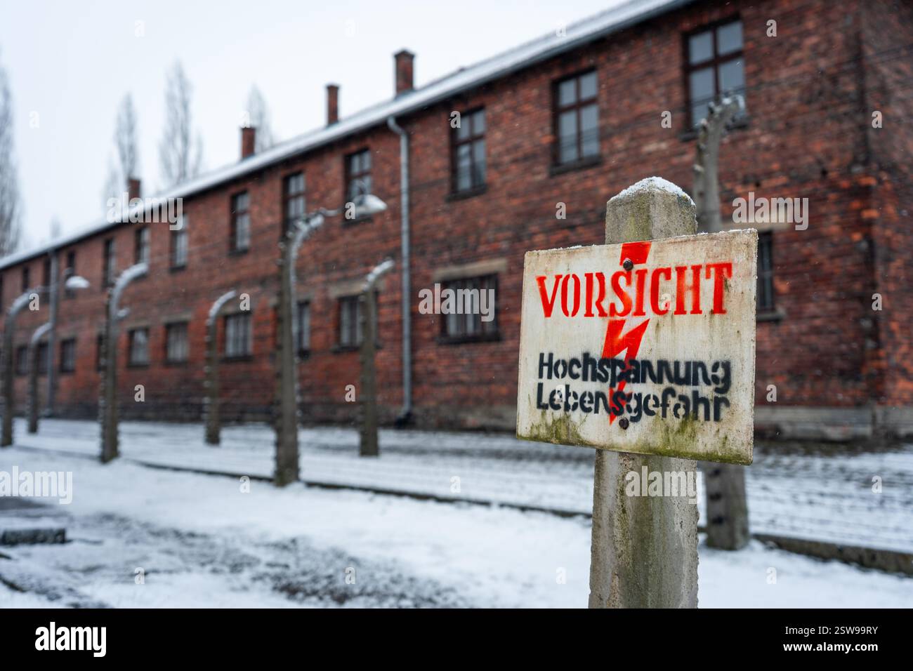 Warning sign high voltage danger of death on Auschwitz fence during ...