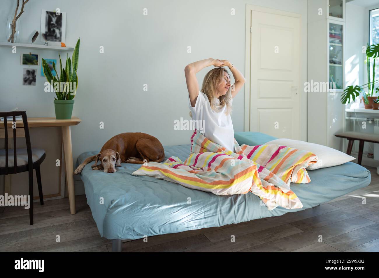 Healthy routine by sleepy woman, sits in bed awaked slow start day ...