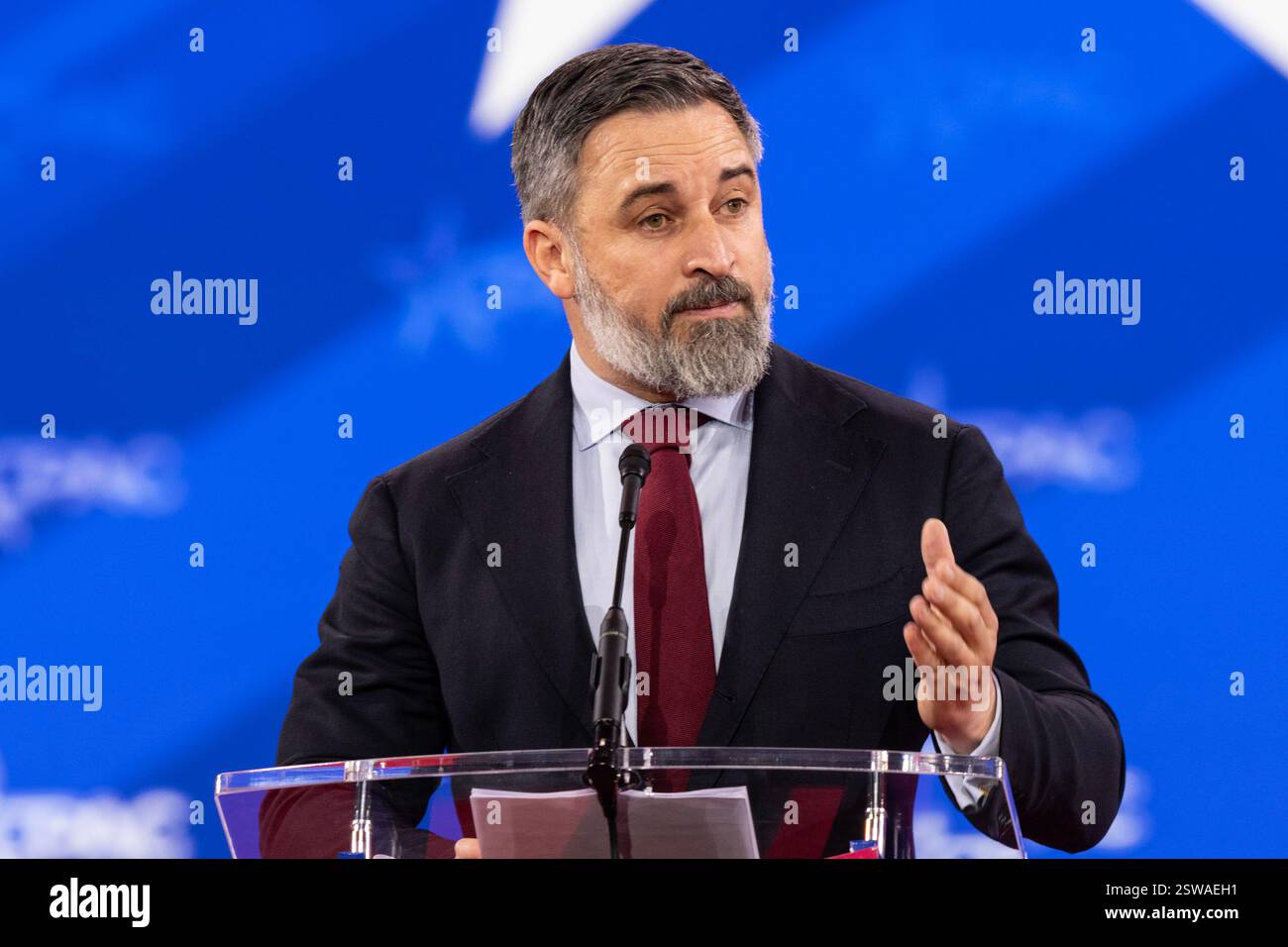 Santiago Abascal Conde, leader of Vox party speaks during 2025 CPAC