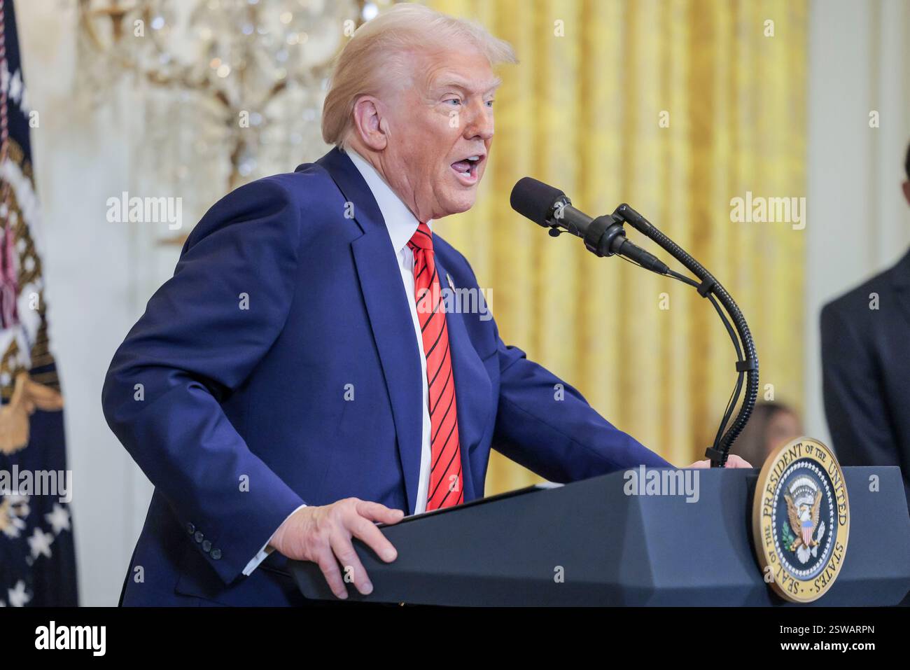 US President Donald J. Trump delivers remarks during a reception