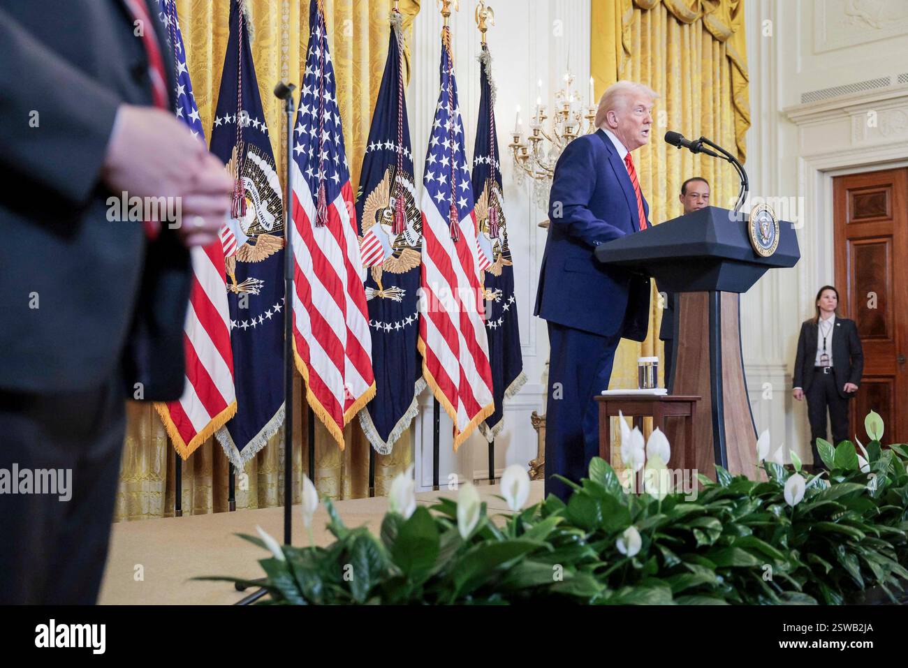 US President Donald J. Trump delivers remarks during a reception