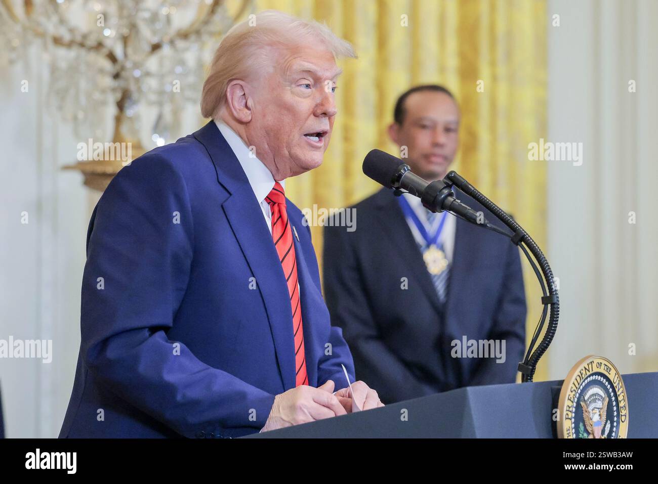 US President Donald J. Trump delivers remarks during a reception