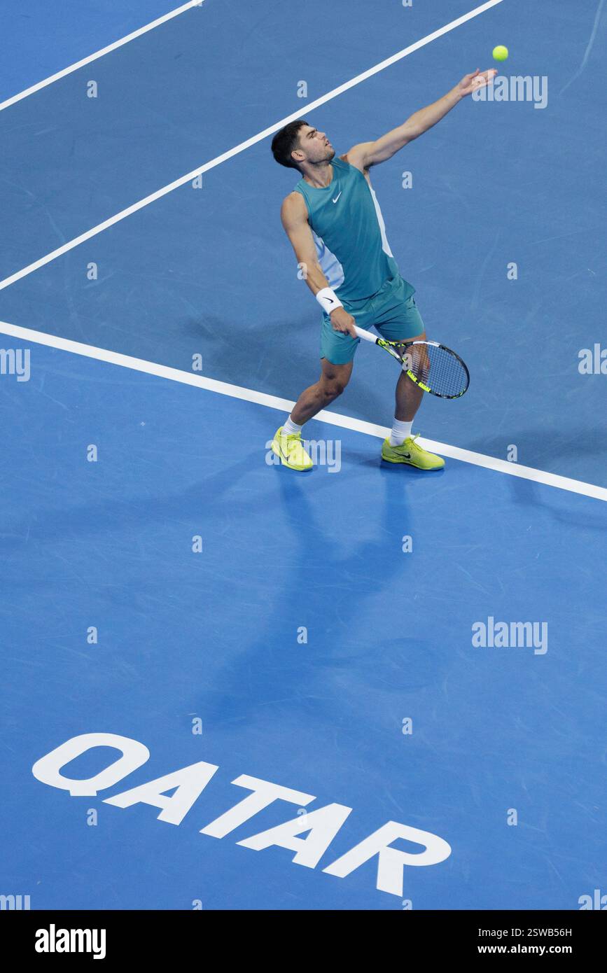 Carlos Alcaraz of Spain during the 2025 Qatar ExxonMobil Open, ATP 500