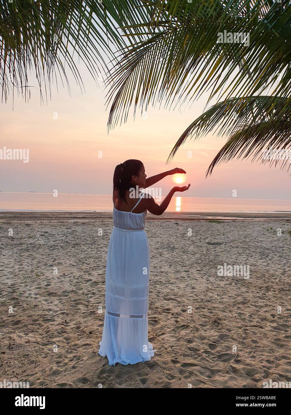 A serene sunset moment on a tranquil beach with gentle palm trees swaying nearby Stock Photo