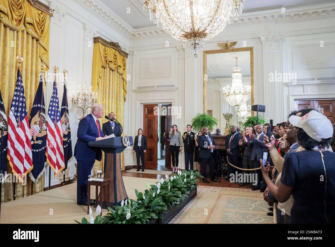 US President Donald J. Trump delivers remarks during a reception