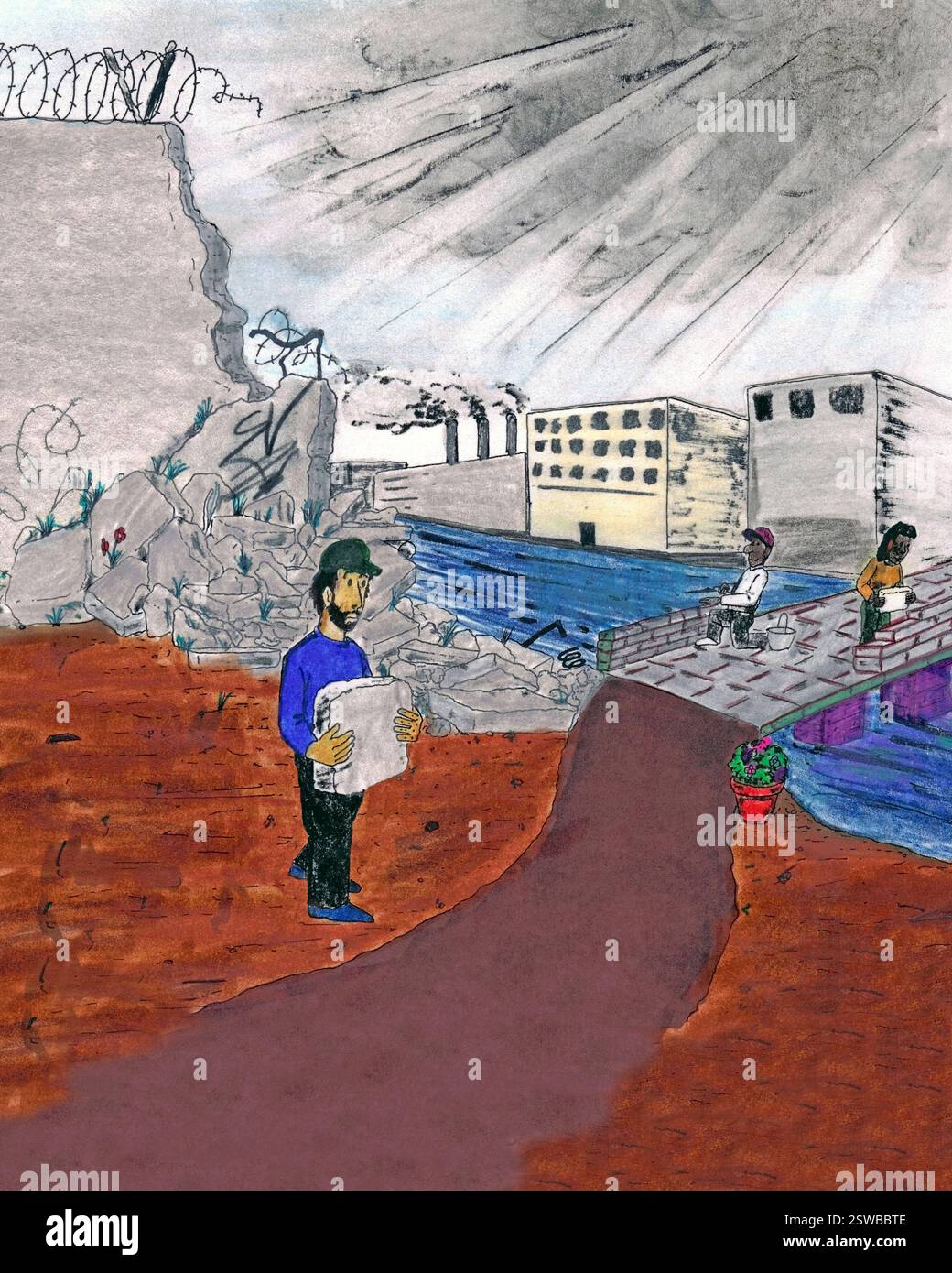 People building a road over a river out of partly knocked down wall in an industrial area color drawing. People constructing a bridge of concrete from Stock Photo