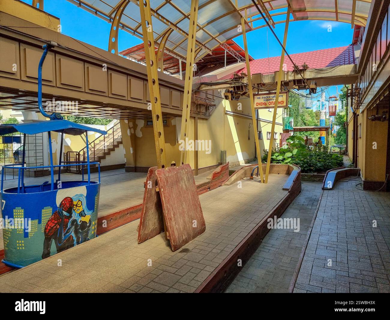 Interior of the upper station of the vintage Soviet cable car in Odesa / Odessa, Ukraine to Otrada beach - Smartphone Captured Stock Image