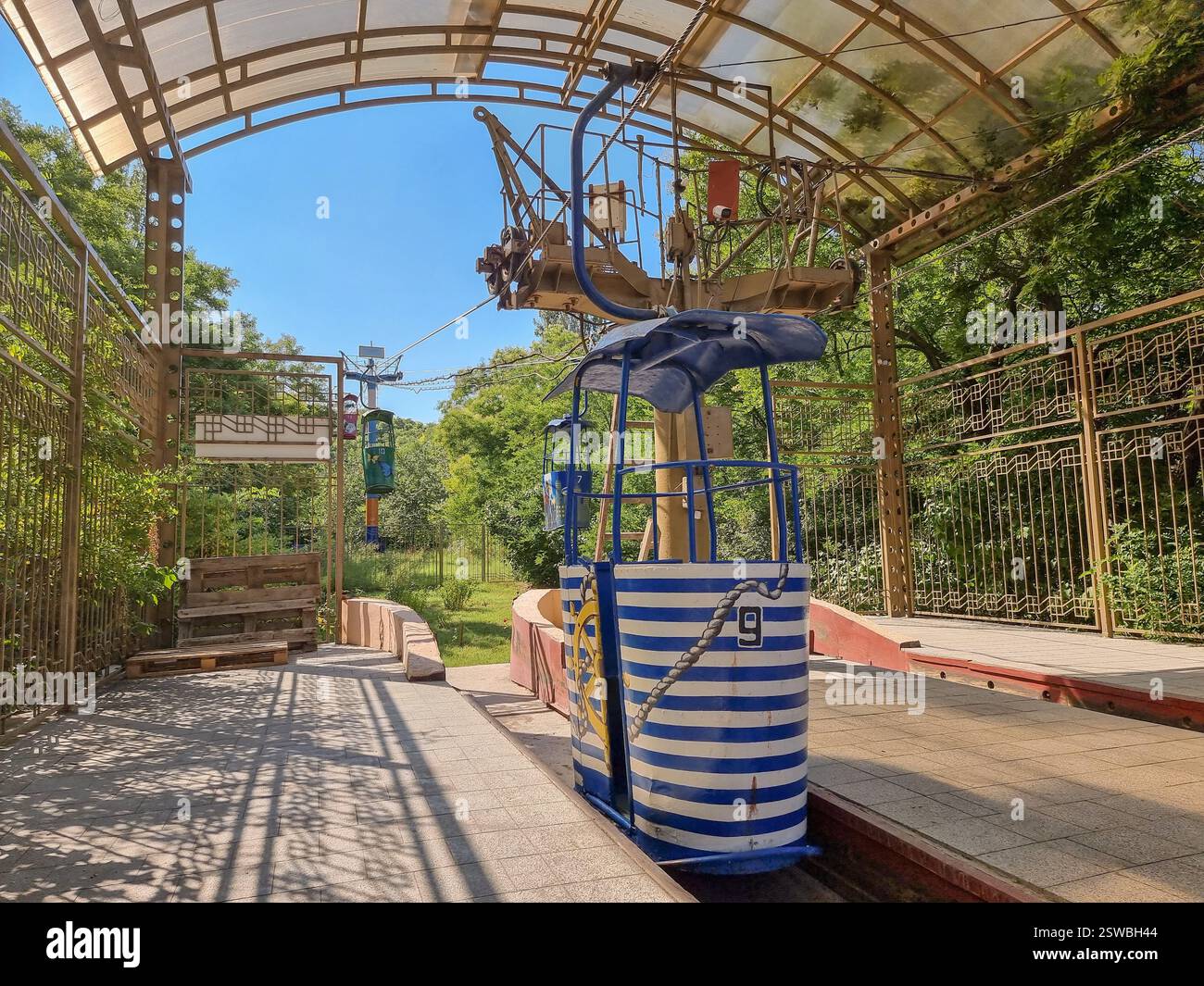 Interior of the lower station of the vintage Soviet cable car in Odesa / Odessa, Ukraine to Otrada beach with colourful retro gondolas - Smartphone Captured Stock Image