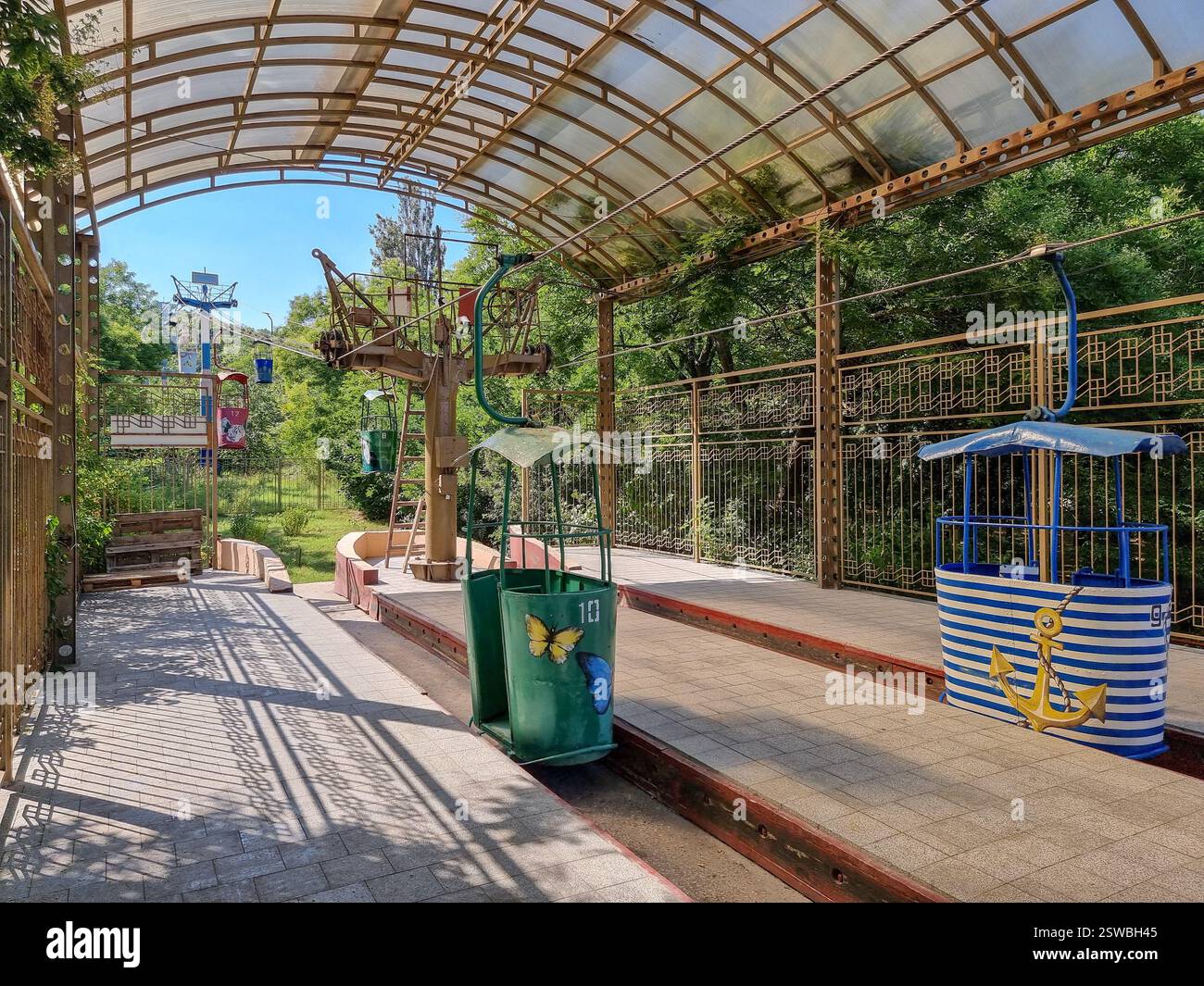 Interior of the lower station of the vintage Soviet cable car in Odesa / Odessa, Ukraine to Otrada beach with colourful retro gondolas - Smartphone Captured Stock Image