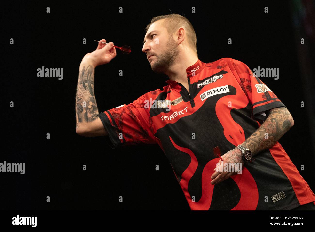 Dublin, Ireland 20th February 2025 Nathan Aspinall in action against Gerwyn Price during the