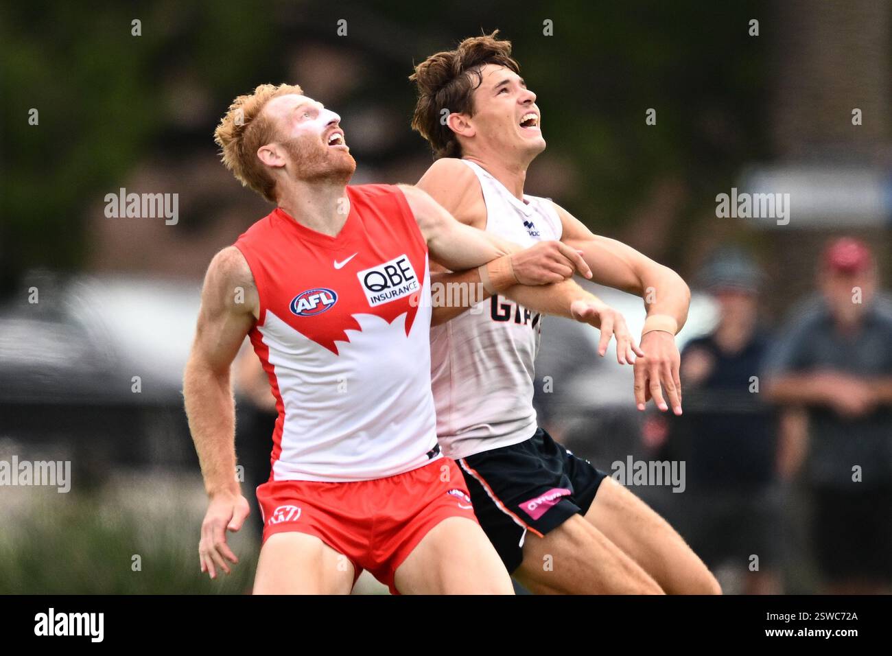 Sydney, Australia. 21st Feb, 2025. Aaron Francis of the Swans contests ...