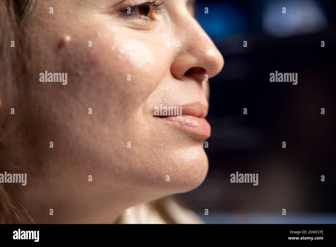 Close up of happy woman doing software quality assurance celebrating after reading source code and finding no errors. Jolly developer excited after inspecting coding on desktop PC, seeing no issues Stock Photo