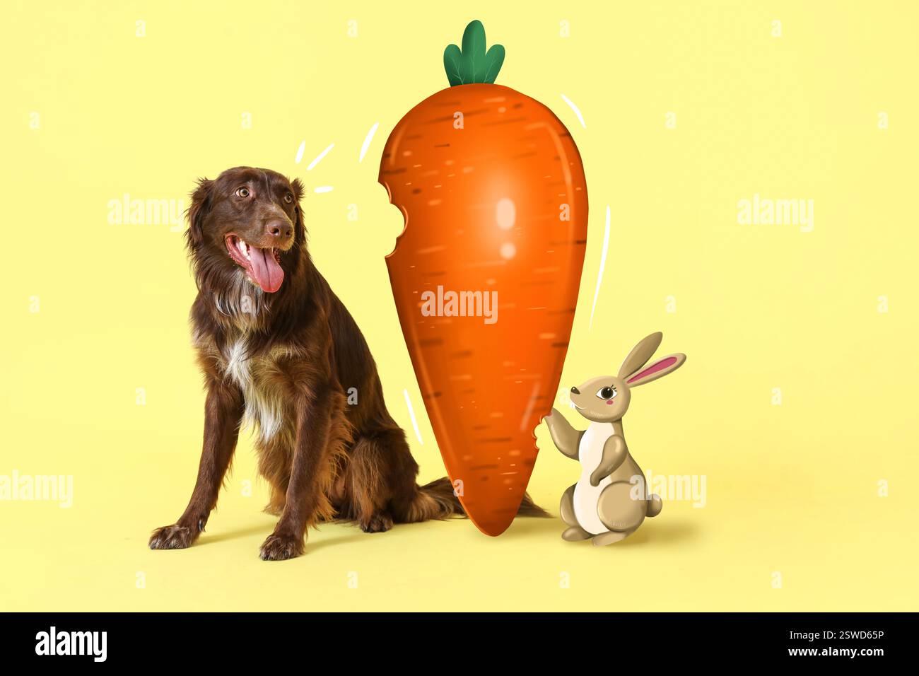 Cute dog, Easter bunny and big carrot on yellow background Stock Photo