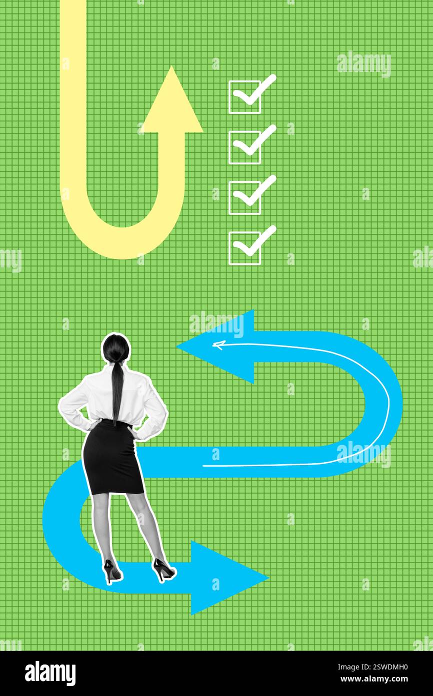 Creative design composite collage of young lady stand back arrow way ...
