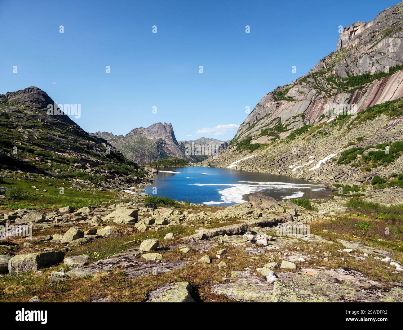 Mountain lake in the block stream valley. Summer landscape Stock Photo ...