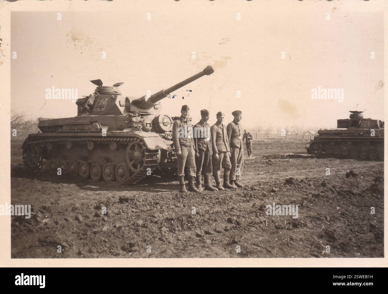 World War Two B&W photo German Panzer Mark lV with Crew on the Russian Front Stock Photo