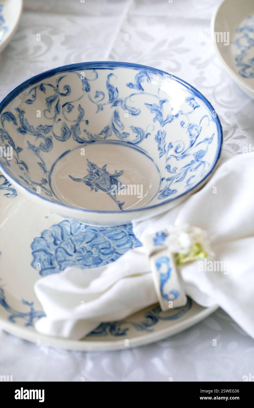 Easter table setting with empty craft ceramic tableware Stock Photo