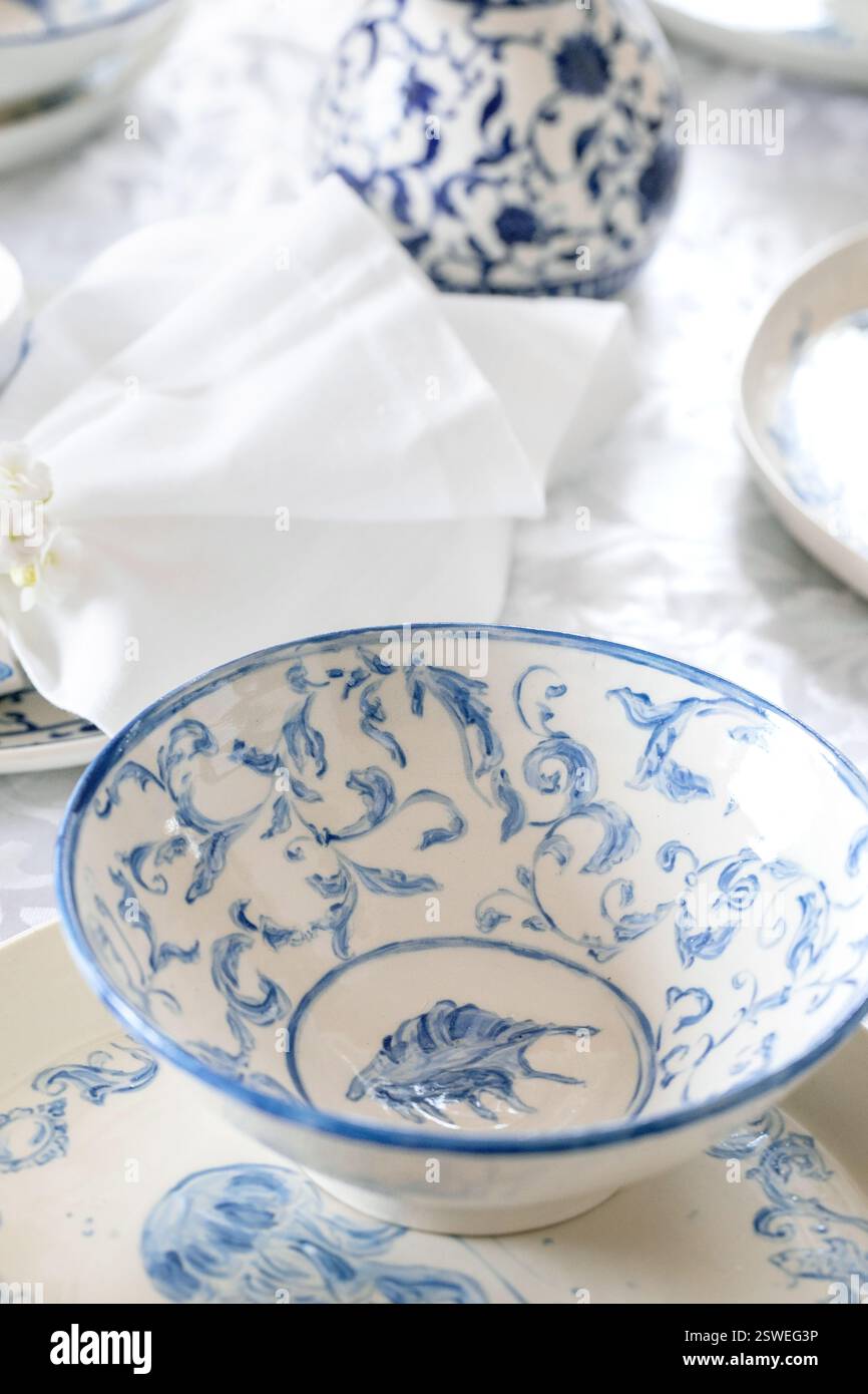 Easter table setting with empty craft ceramic tableware Stock Photo