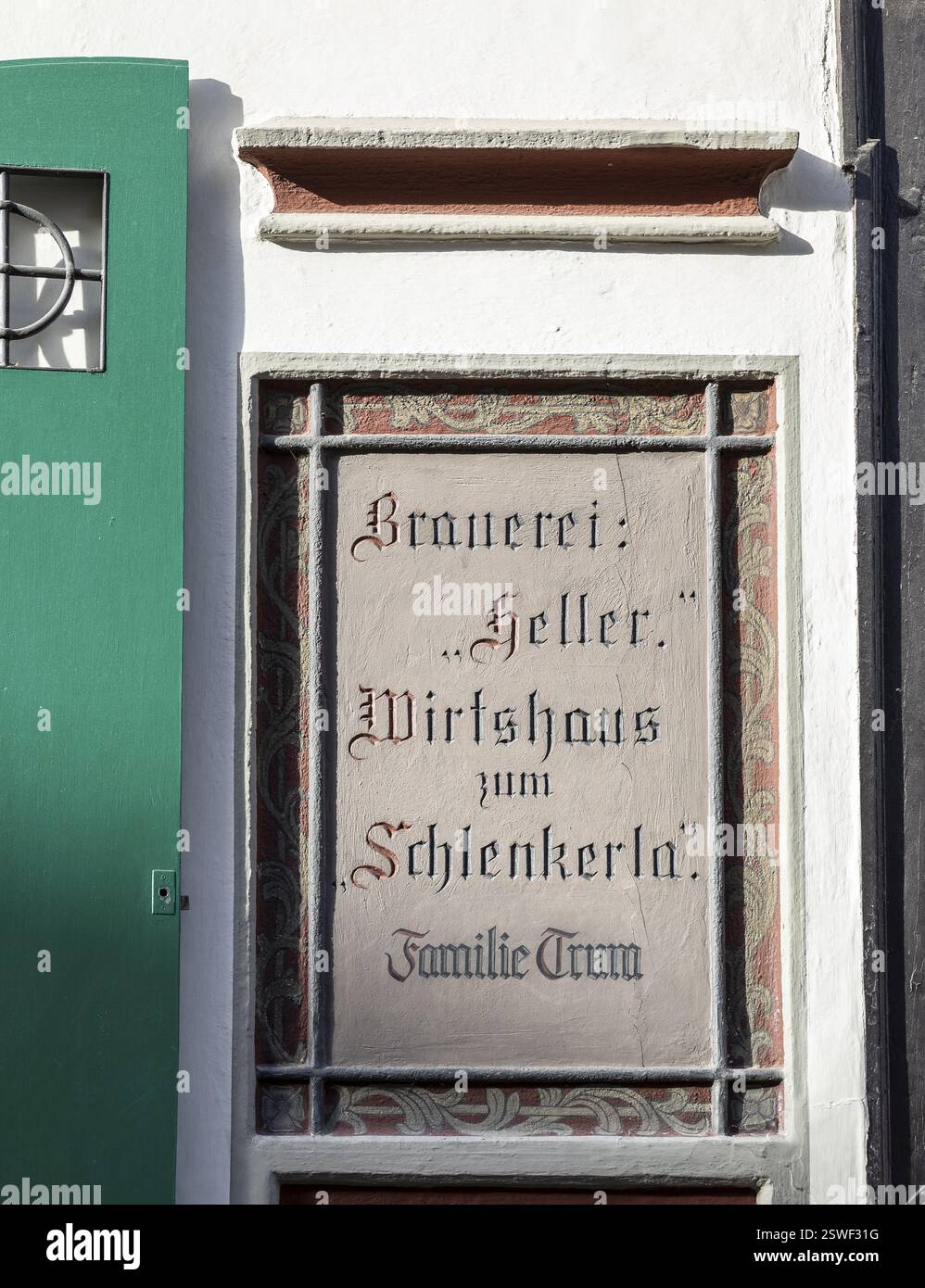 Old inscription on the facade of the famous Schlenkerla restaurant, Bamberg, Bavaria, Germany, Europe Stock Photo