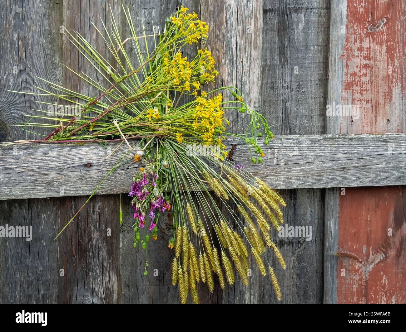 Wooden rustic fence with flowers Stock Photo - Alamy