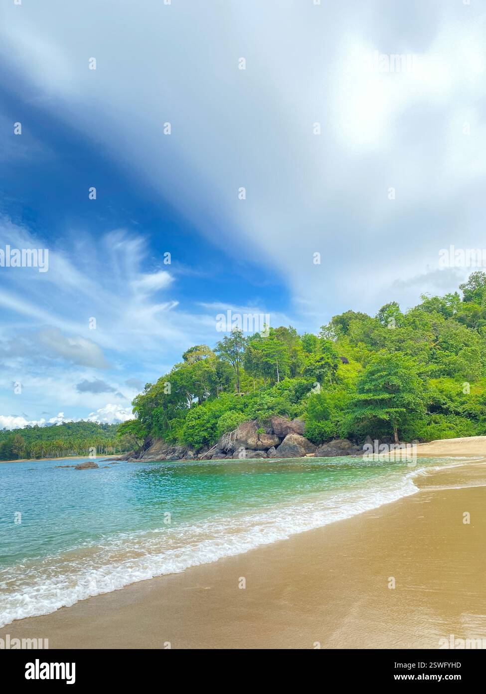A stunning tropical beach with golden sand, turquoise water, and lush green trees under a bright blue sky with dramatic clouds. - Smartphone Captured Stock Image