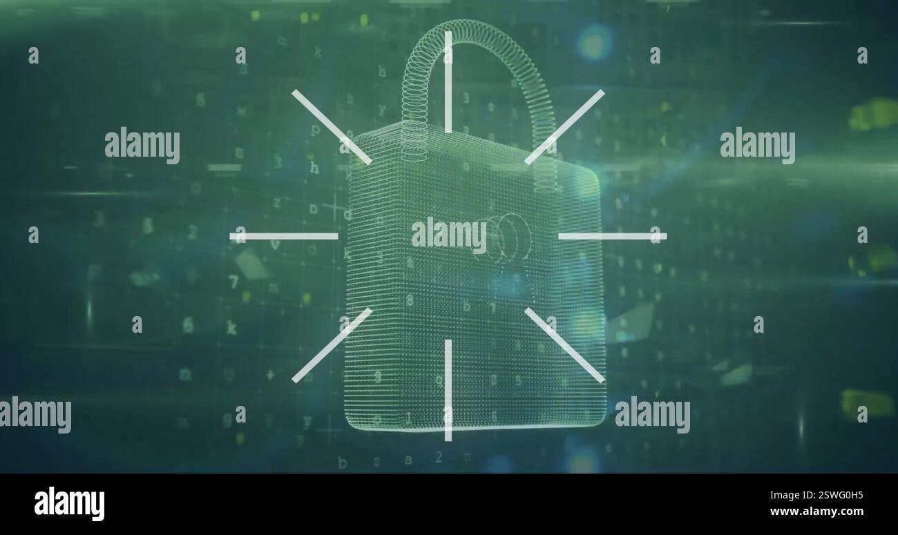 Image of padlock and financial data processing over green background Stock Photo