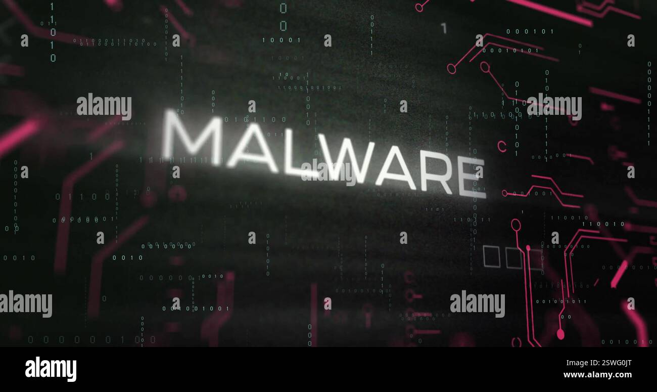 Image of malware text over processing data and network on dark interface Stock Photo